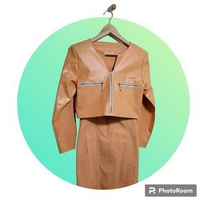 Finley Orange Faux Leather jacket and Orange denim jumpsuit dress